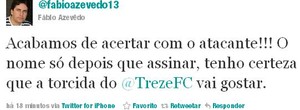 Presidente do Treze, Fábio Azevedo, anuncia contratação de jogador pelo Twitter (Foto: Reprodução / Twitter)