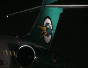 Pato ilustra fuselagem do avião que conduziu a Seleção até Córdoba (Foto: Márcio Iannacca / Globoesporte.com)