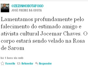 Zezinho do Botafogo lamenta morte de Jocemar Chaves (Foto: Reprodução / Twitter)