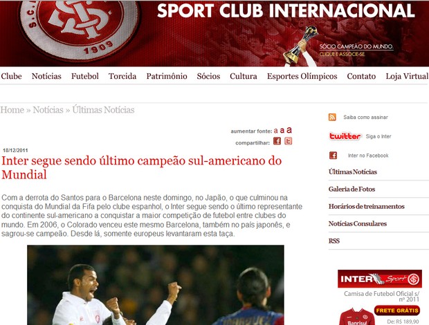 Site do Inter comemora derrota do Santos (Foto: Reprodução/Site do Inter)