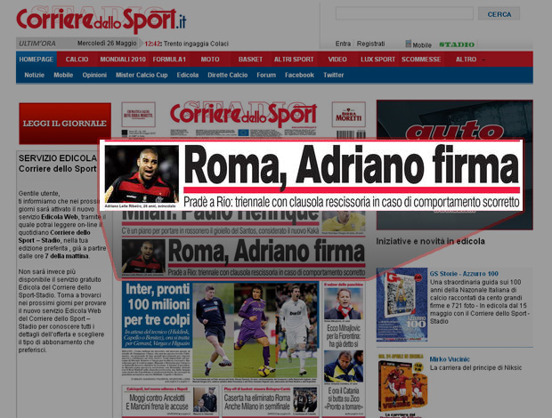 reprodução corriere dello sport Adriano contrato com o Roma