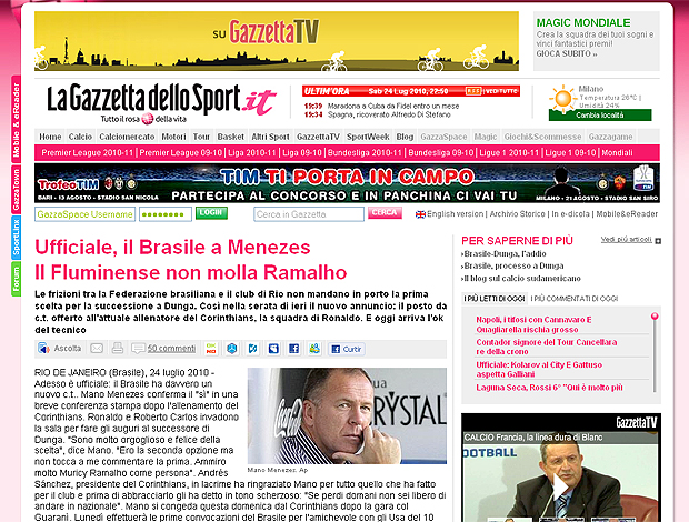 reprodução agazzetta dello sport - mano menezes seleção brasileira