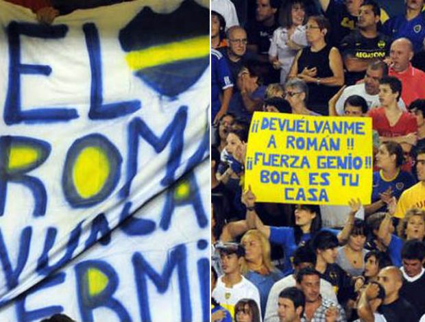 Torcida do Boca Juniors com faixas a favor de Riquelme (Foto: Reprodução/Infobae)