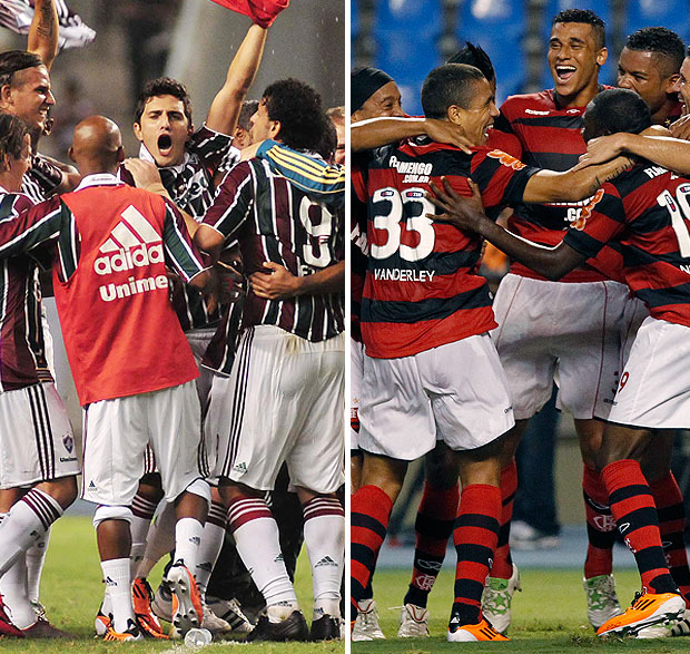 montagem Fluminense Flamengo comemoração (Foto: Editoria de Arte / GLOBOESPORTE.COM)