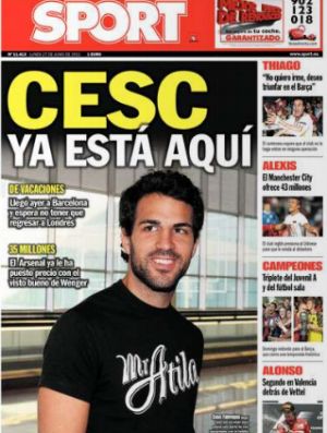 Capa do jornal Sport com a chegada de Cesc Fábregas a Barcelona (Foto: Reprodução)