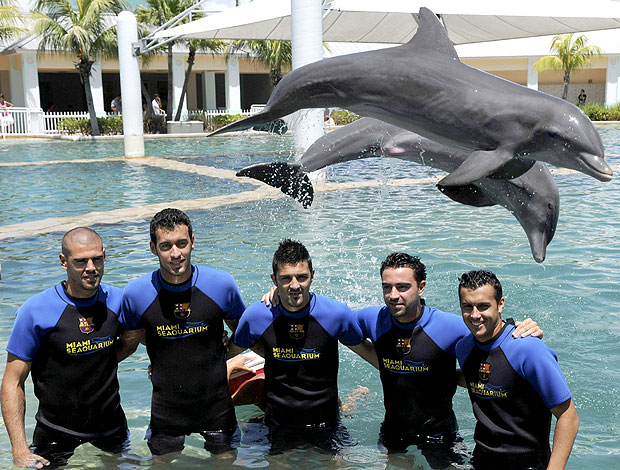 time do Barcelona nadando com golfinhos em Miami (Foto: EFE)