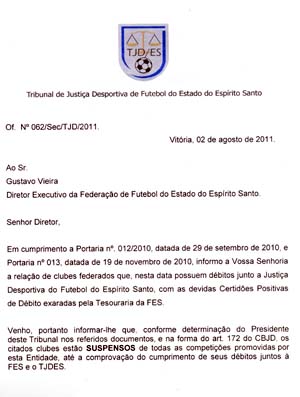 Por conta de dívidas, TJD-ES suspende Serra, Linhares e Capixaba (Foto: Reprodução/FES)