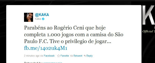 Kaká parabeniza Rogério Ceni via Twitter (Foto: Reprodução / Twitter)