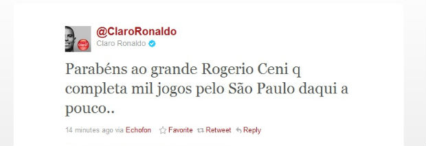 Ronaldo parabeniza Rogério Ceni via Twitter (Foto: Reprodução / Twitter)