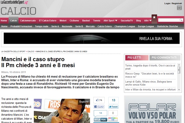Jornal "La Gazzetta Dello Sport" divulga pedido de prisão a Mancini (Foto: Reprodução)