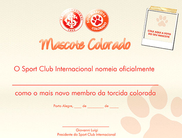 diploma de mascote do Internacional (Foto: Divulgação / Site Oficial)