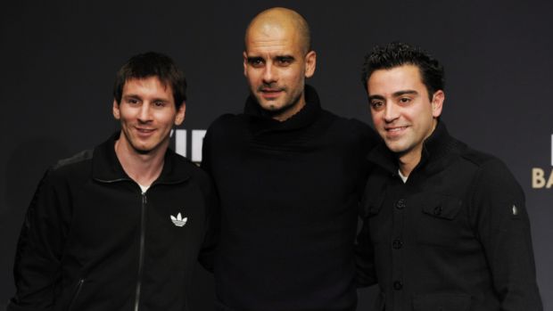 Messi, Guardiola e Xavi na coletiva da Fifa da Bola de Ouro (Foto: EFE)