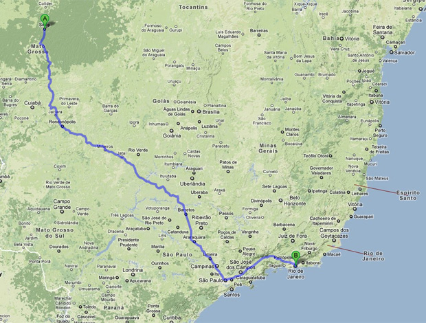 Mapa do trajeto Sinop (MT) Rio de Janeiro (RJ) (Foto: Reprodução/Google)