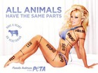 Pamela Anderson faz protesto com o corpo dividido como carne bovina
