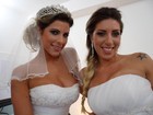 Lá vão as noivas! Irmãs Minerato posam com vestido de casamento