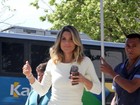 De vestido curto, Flávia Alessandra grava 'Salve Jorge' no Rio