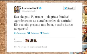 Luciano Huck posta no Twitter falando sobre o nascimento da filha (Foto: Twitter / Reprodução)