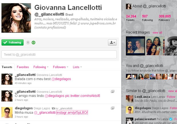 Giovanna Lancellotti em conversa com Diego Lagos no Twitter (Foto: Twitter/ Reprodução)