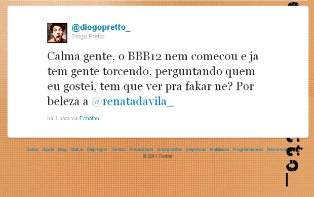 Diogo Pretto posta sobre sua torcida para o BBB 12 (Foto: Twitter / Reprodução)