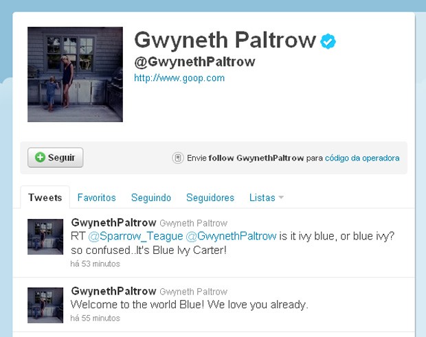 Gwyneth Paltrow twita sobre nascimento do filho de Beyoncé (Foto: Twitter / Reprodução)