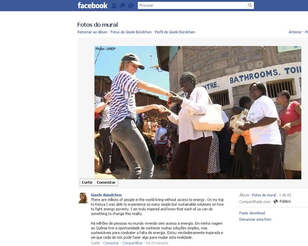 Facebook mostra Gisele Bündchen na África (Foto: Reprodução/Facebook)