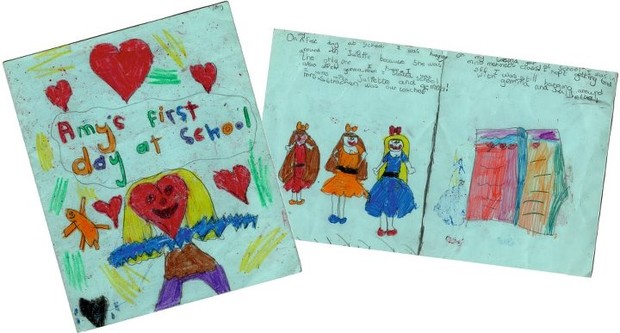Desenhos de Amy aos cinco anos: a cantora se autorretratou loira ao lado de duas amigas (Foto: Reprodução/Facebook)