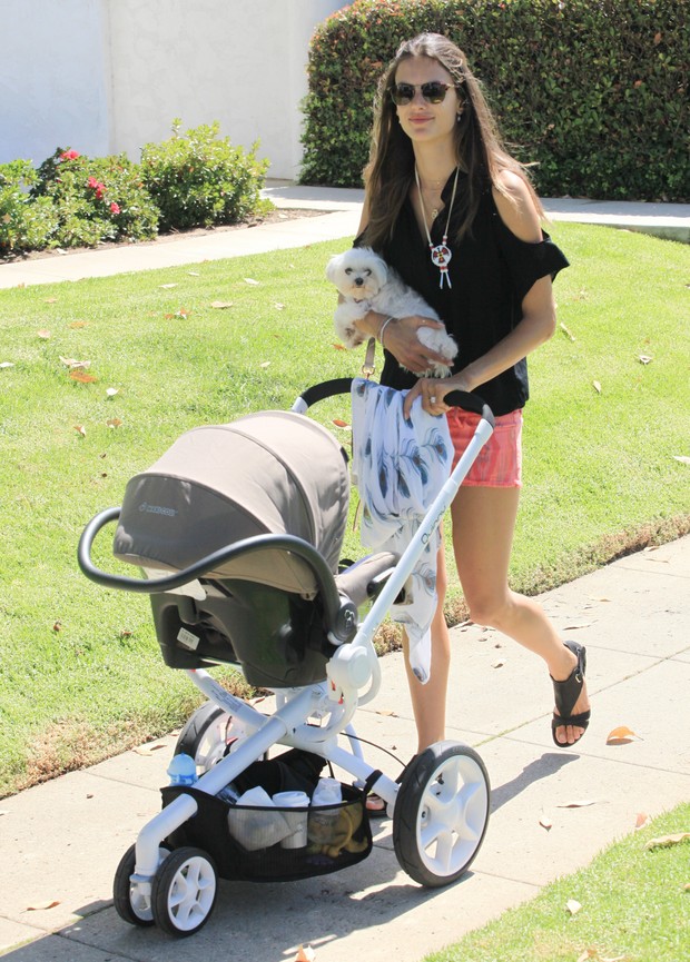 Alessandra Ambrósio empurra carrinho de bebê com uma mãe e segura cachorrinho com a outra (Foto: Agência X17)