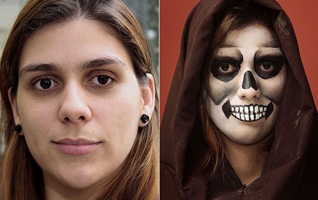 Mariana Queiroz, antes e depois make Halloween (Foto: Alessandra Gerzoschkowitz / EGO)
