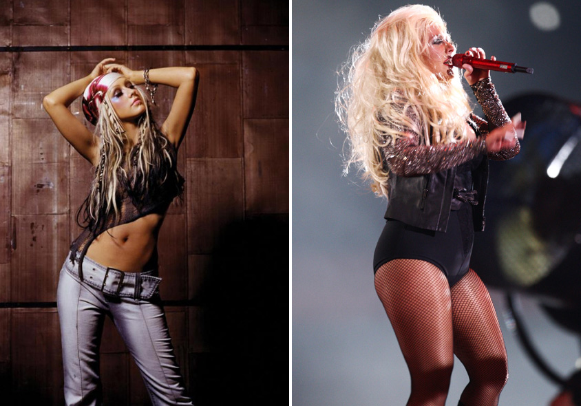 O tempo foi generoso com as curvas de Christina Aguilera. A cantora, que no início do ano 2000 (à esquerda) tinha uma silhueta fininha, está cada dia mais rechonchuda. Pior momento: o collant usado no tributo a Michael Jackson (à direita).