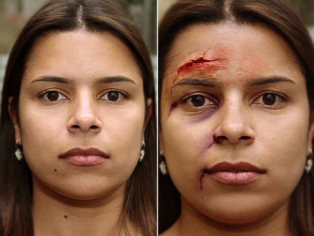 Cristiane Gonçalves, antes e depois maquiagem Halloween (Foto: Alessandra Gerzoschkowitz / EGO)