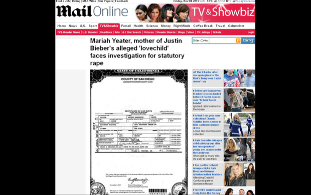 Certidão do suposto filho de Justin Bieber (Foto: Reprodução/Daily Mail)