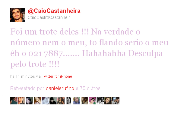 Caio Castro esclarece post de telefone (Foto: Twitter / Reprodução)