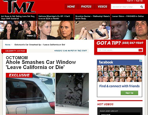 Em meio a ameaças de morte, janela do carro da octomãe é quebrada na Califórnia (Foto: Reprodução/TMZ)