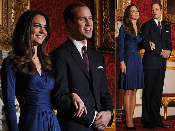 Logo no noivado  com o príncipe William, Kate chamou atenção com um vestido azul marinho de seda drapeada da grife Issa, da estilista brasileira Daniella Helayel (16-10-10)