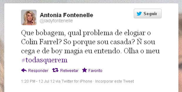 Antônia Fontenelle elogia Colin Farrell noTwitter (Foto: Twitter / Reprodução)