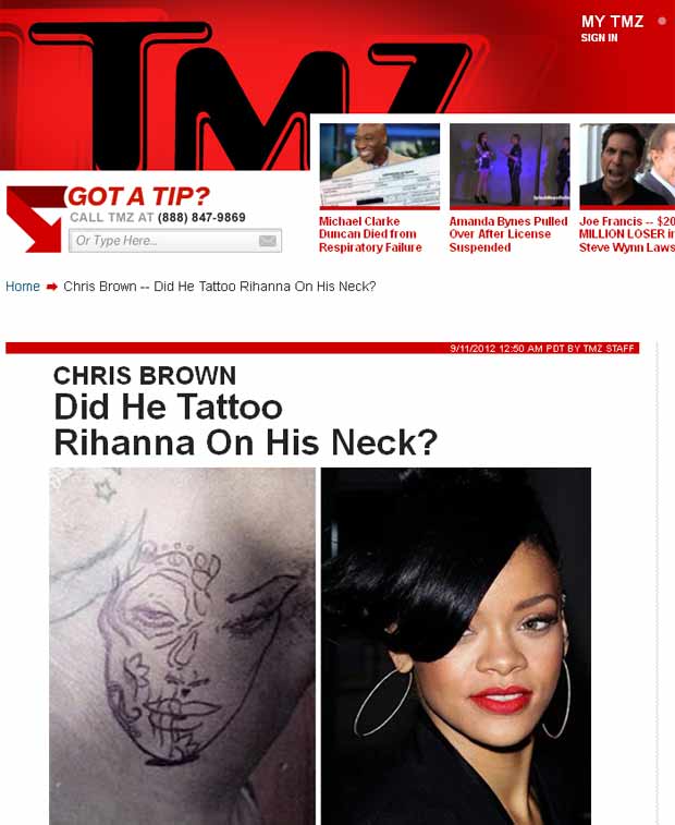 Chris Brown usa tatuagem com rosto de mulher parecida com Rihanna (Foto: Reprodução/TMZ)