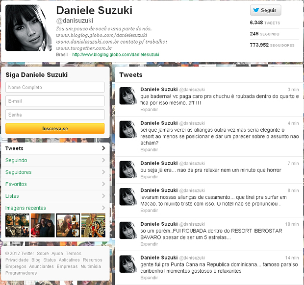 Daniele Suzuki reclama no Twitter sobre roubo de alianças (Foto: Twitter / Reprodução)