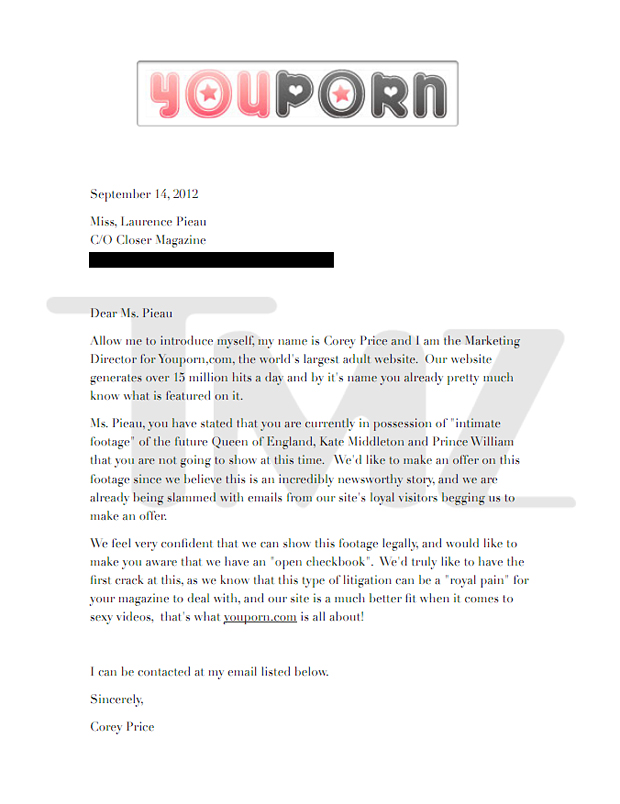 Site pornô envia carta oferecendo dinheiro por fotos íntimas de Kate e William (Foto: TMZ / Reprodução)