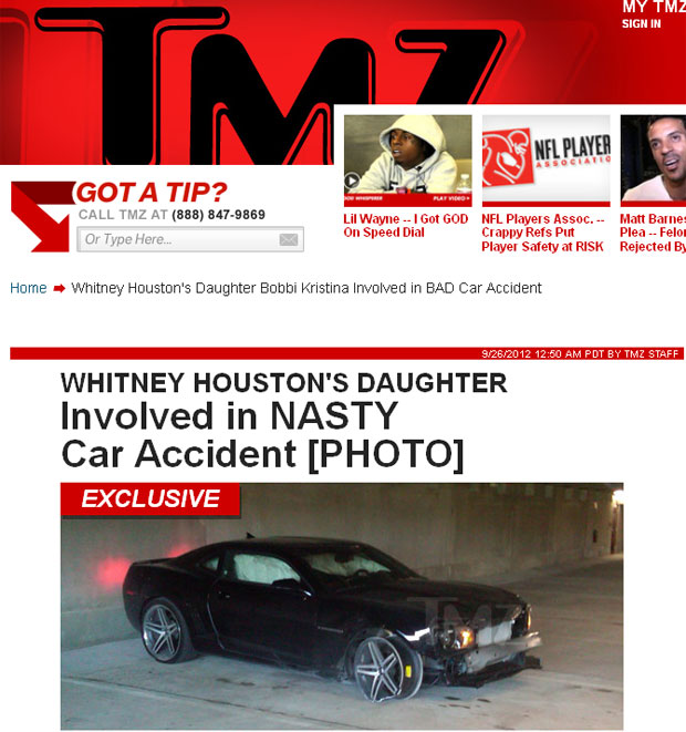 Carro em que Bobbi Kristina, filha da cantora Whitney Houston, após acidente (Foto: TMZ/ Reprodução)