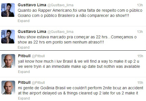 Gusttavo Lima e rapper Pitbull - tweets (Foto: Twitter/Reprodução)