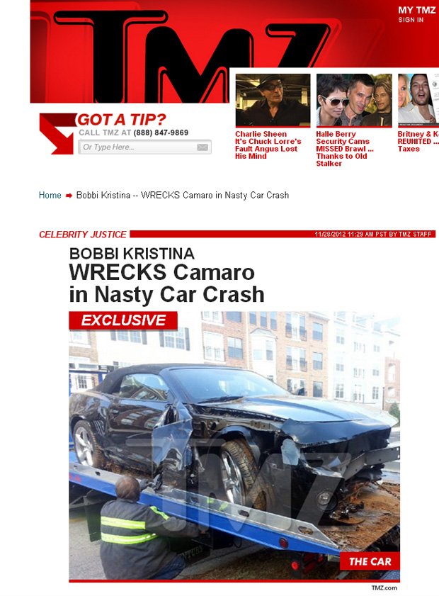 Bobbi Kristina, filha de Whitney Houston, bate de carro (Foto: TMZ / Reprodução)