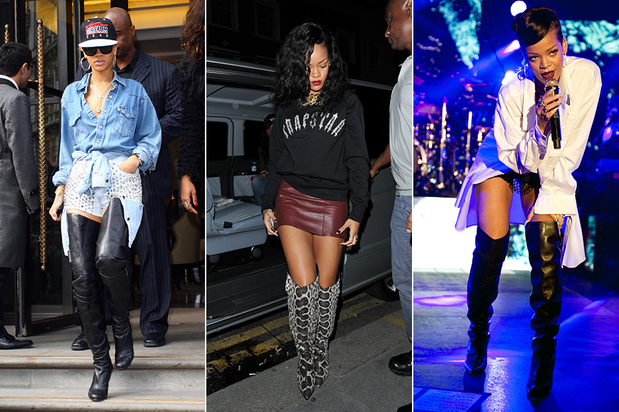 Ousada, Rihanna é adepta de botas de cano alto (tanto pretas quanto em couros exóticos), combinadas sempre a shorts curtos ou minissaias