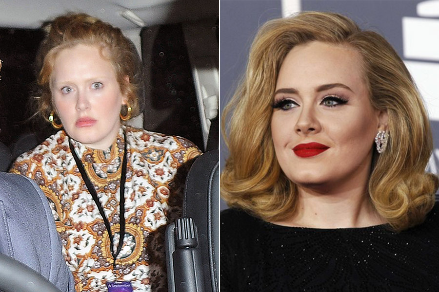 Adele quase irreconhecível sem o indefectível delineador e o bocão vermelho