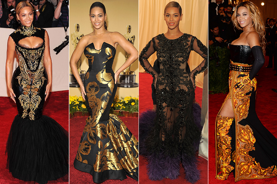 No tapete vermelho, o estilo de Beyoncé é, no mínimo, extravagante. Entram em cena estampas douradas, modelagens justas e bordados, assinados por grifes como Emilio Pucci e Givenchy