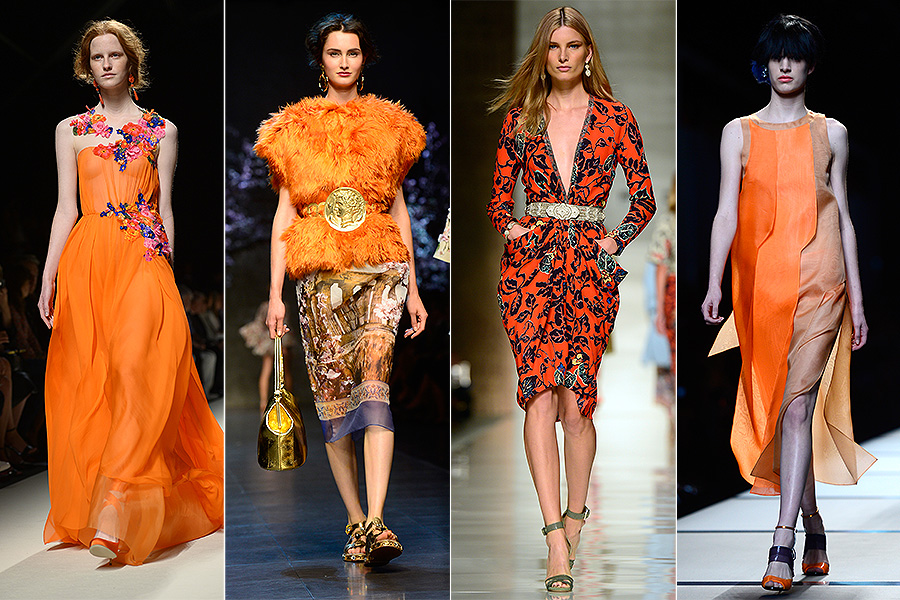 O laranja foi uma das grandes apostas em Milão e apareceu no desfile de grifes como Alberta Ferretti, Dolce & Gabbana, Etro e Fendi