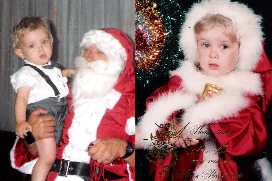 Kayky Brito em dois momentos natalinos: no colo de Papai Noel e vestido com look tradicional