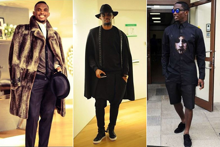 Samuel Eto'o, jogador do Camarões, gosta de looks luxuosos, como a roupa social combinada ao casaco de pele (à esquerda), e de acessórios como chapéus e óculos estilosos