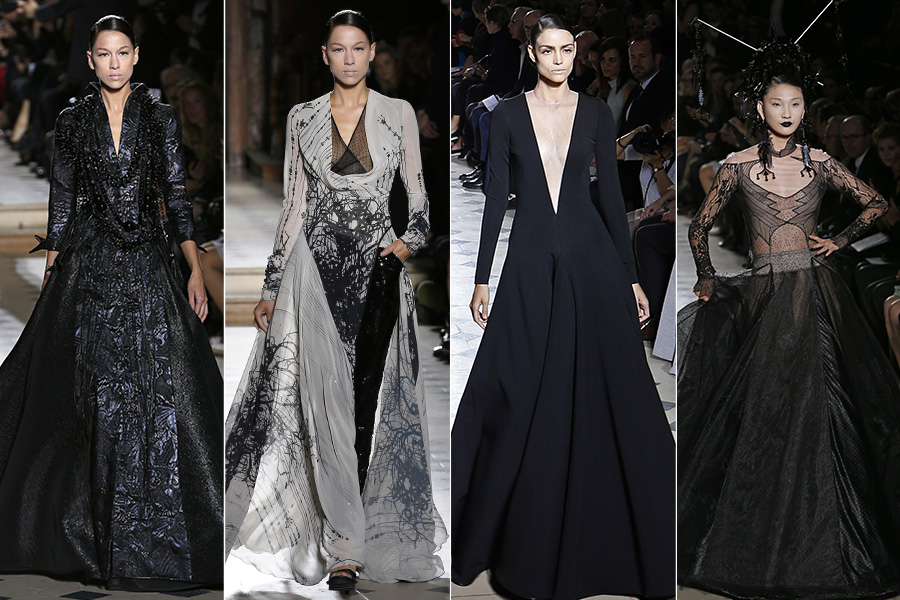 O clima no desfile de Julien Fournié, na semana de moda de Paris, teve uma pegada gótica, com longos pretos, cheios de renda e batom preto