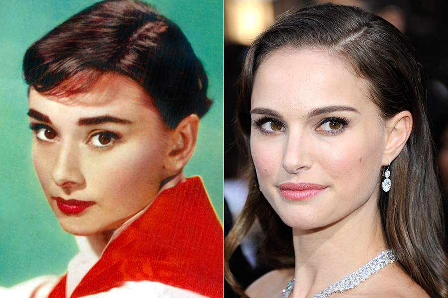 Audrey Hepburn e Natalie Portman: o mesmo cabelo escuro, a mandíbula marcada e as sobrancelhas bem delineadas
