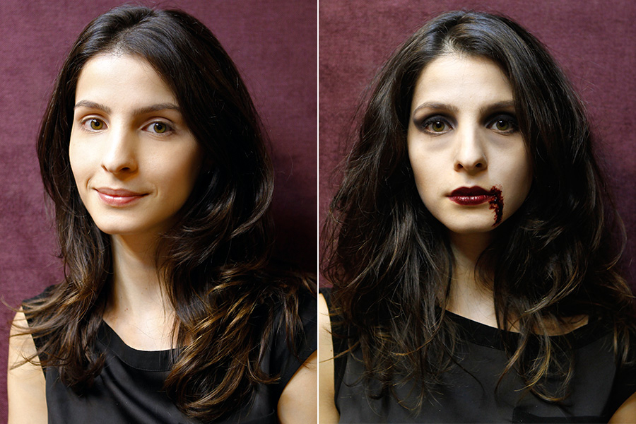 Antes e depois da transformação: a atriz Giselle Batista com maquiagem de vampira para as festas de Halloween 